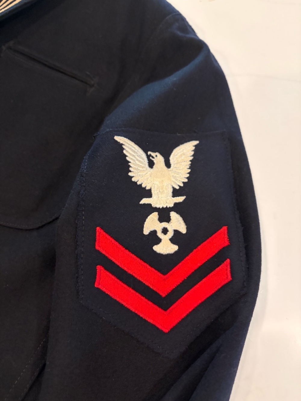 Navy Blue Sailor Jacket with Red Chevron Sleeve Patch - Picture 2 of 7